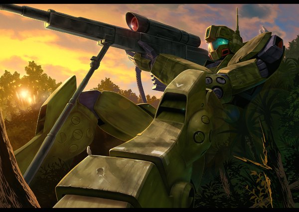 Anime picture 1300x926 with mobile suit gundam sunrise (studio) gm sniper ii murase rintarou evening sunset letterboxed no people nature camouflage weapon plant (plants) tree (trees) gun forest sun rifle mecha sniper rifle anti-materiel rifle