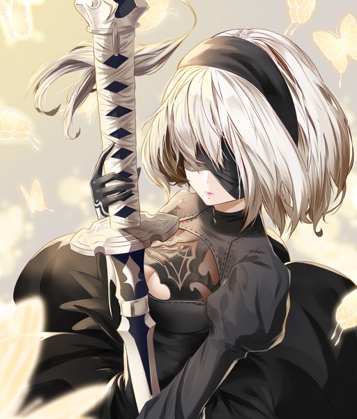 Anime picture 853x1000 with nier nier:automata yorha no. 2 type b soya (torga) single tall image short hair simple background holding upper body white hair from above grey background mole puffy sleeves lipstick cleavage cutout mole under mouth pink lipstick center opening