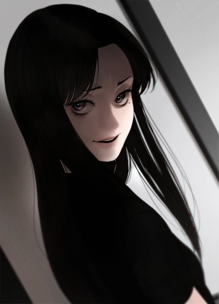 Anime picture 974x1351 with tomie kawakami tomie revolmxd single long hair tall image looking at viewer fringe open mouth black hair smile upper body indoors looking back black eyes mole teeth shadow short sleeves depth of field