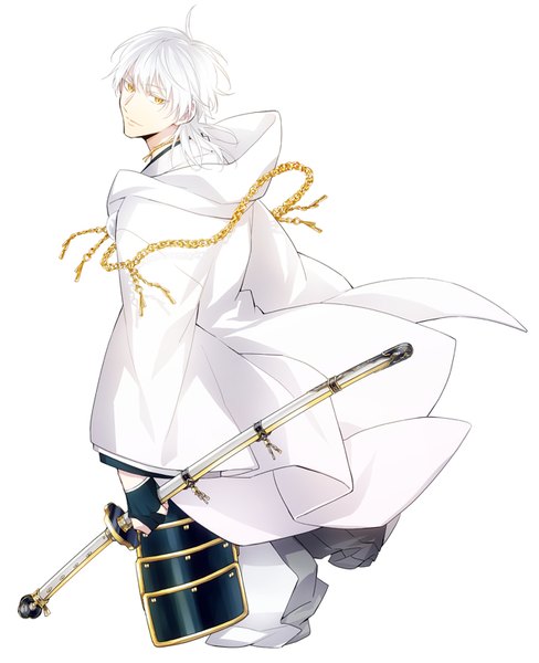 Anime picture 651x800 with touken ranbu nitroplus tsurumaru kuninaga xia (ryugo) single tall image looking at viewer short hair simple background white background yellow eyes ahoge white hair traditional clothes japanese clothes looking back from above boy weapon sword