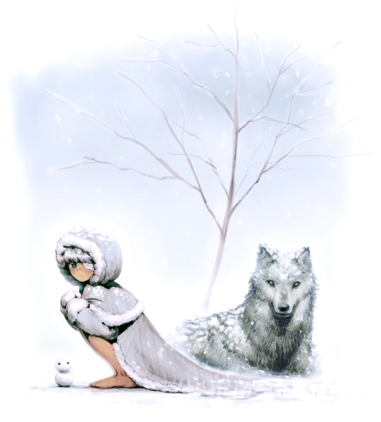 Anime picture 1085x1200 with original cozy tall image looking at viewer short hair blue eyes sitting barefoot grey hair snowing winter snow girl plant (plants) animal tree (trees) hood eyepatch winter clothes wolf