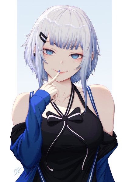 Anime picture 849x1200 with original lerio (leriodraws) single tall image looking at viewer blush fringe short hair breasts blue eyes simple background smile large breasts bare shoulders signed payot silver hair upper body blunt bangs long sleeves