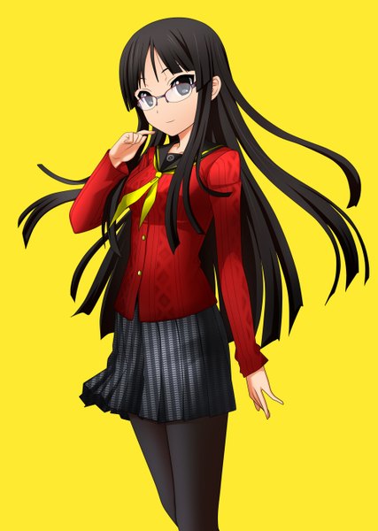 Anime picture 996x1400 with k-on! persona 4 persona kyoto animation akiyama mio kenken single long hair tall image black hair simple background black eyes yellow background amagi yukiko (cosplay) girl skirt uniform school uniform pantyhose glasses