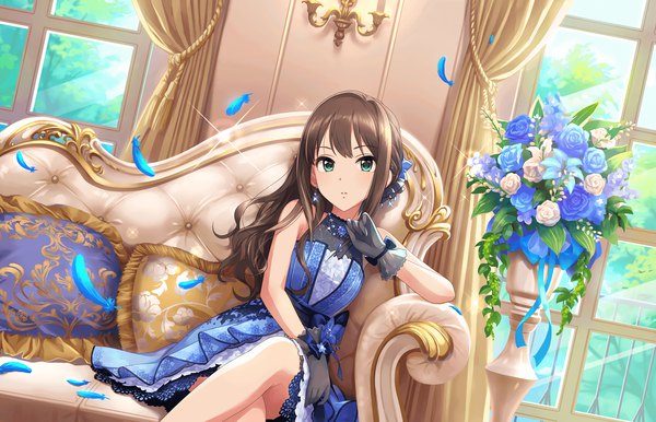 Anime picture 2560x1648 with idolmaster idolmaster cinderella girls idolmaster cinderella girls starlight stage shibuya rin annindoufu (oicon) single long hair looking at viewer fringe highres blue eyes brown hair sitting official art crossed legs eternal bloom (idolmaster) girl dress gloves flower (flowers)