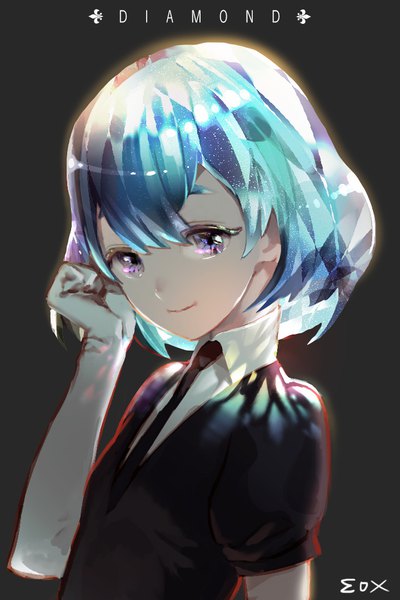 Anime picture 720x1080 with houseki no kuni diamond (houseki no kuni) moxhum single tall image looking at viewer fringe short hair simple background purple eyes light smile aqua hair puffy sleeves character names adjusting hair black background portrait androgynous gloves necktie