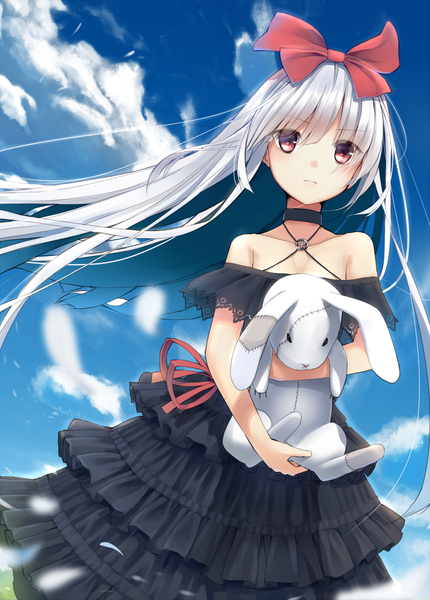 Anime picture 746x1041 with original makadamia single long hair tall image red eyes bare shoulders holding sky silver hair cloud (clouds) outdoors wind serious girl dress ribbon (ribbons) bow hair bow petals