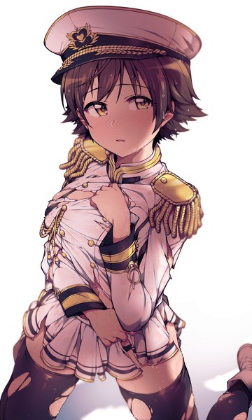 Anime picture 720x1200 with idolmaster idolmaster cinderella girls honda mio jp06 single tall image blush fringe short hair light erotic simple background brown hair white background yellow eyes looking away long sleeves parted lips pleated skirt shadow wet