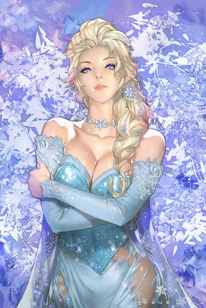 Anime picture 743x1111 with frozen (disney) disney elsa (frozen) single long hair tall image looking at viewer breasts blonde hair large breasts purple eyes cleavage braid (braids) single braid crossed arms girl hair ornament detached sleeves transparent clothing snowflake (snowflakes)