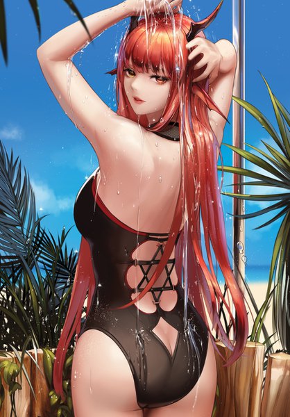 Anime picture 869x1247 with dungeon and fighter monaim single long hair tall image looking at viewer blush fringe light erotic red eyes yellow eyes sky outdoors red hair blunt bangs parted lips looking back from behind arms up wet