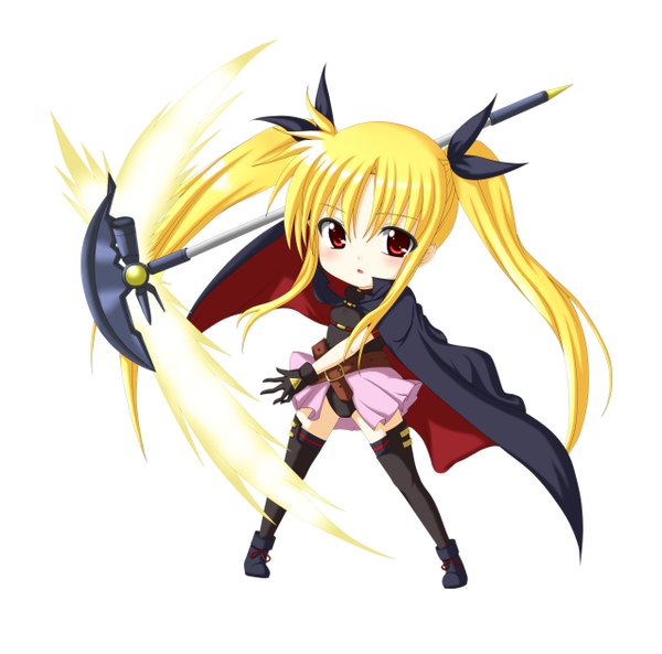 Anime picture 2550x2521 with mahou shoujo lyrical nanoha fate testarossa kuena single long hair highres blue eyes simple background blonde hair red eyes white background twintails chibi girl weapon