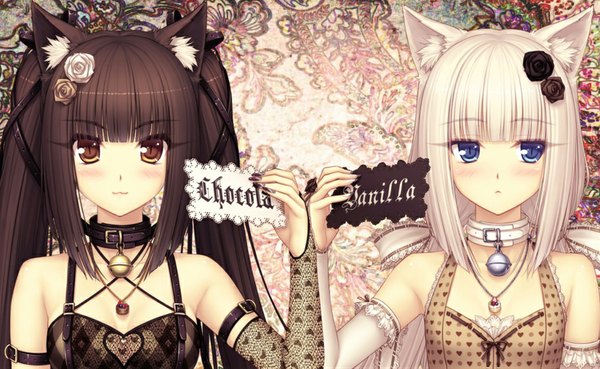 Anime picture 889x547 with neko paradise neko works (studio) vanilla (nekopara) chocola (nekopara) sayori long hair looking at viewer blush fringe breasts blue eyes black hair smile wide image twintails bare shoulders multiple girls holding brown eyes animal ears