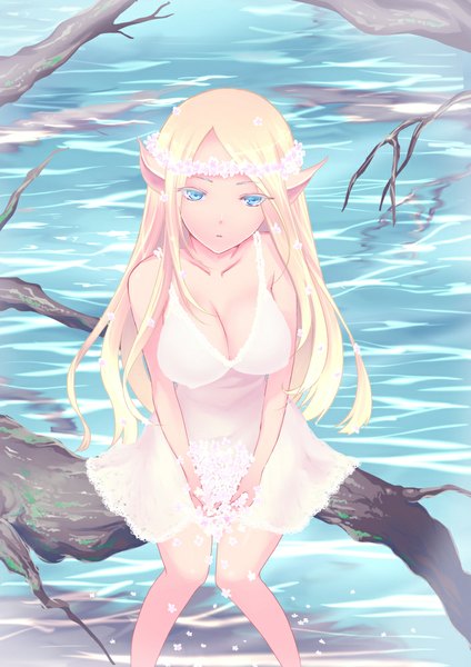 Anime picture 707x1000 with original lagarto single long hair tall image blue eyes light erotic blonde hair cleavage pointy ears girl dress flower (flowers) water sundress wreath