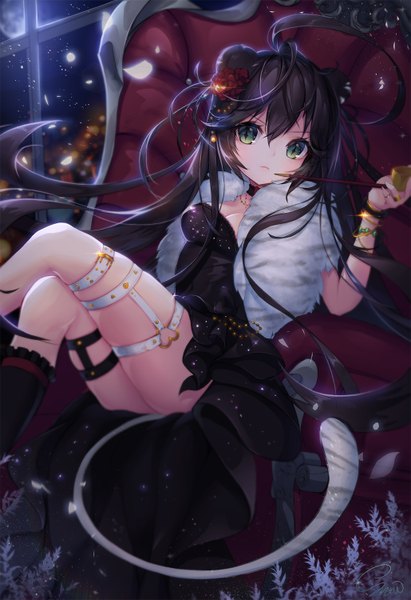 Anime picture 1029x1500 with original snow is single long hair tall image looking at viewer blush fringe breasts black hair hair between eyes sitting holding green eyes signed ahoge bent knee (knees) tail animal tail night