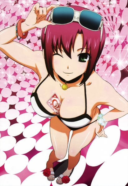 Anime picture 4086x5944 with rio rainbow gate! rio rollins single tall image highres short hair breasts light erotic smile large breasts green eyes absurdres red hair one eye closed wink girl swimsuit bikini choker glasses