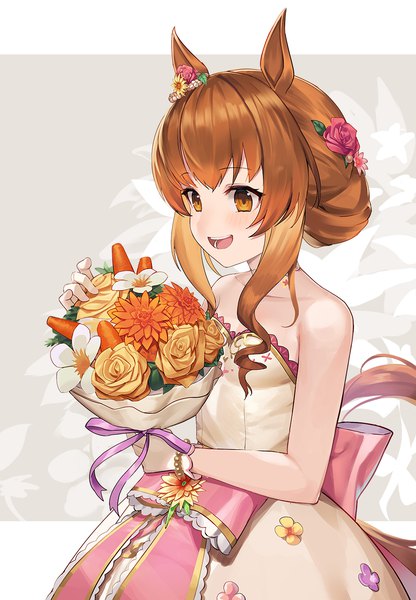 Anime picture 1000x1443 with umamusume mayano top gun (umamusume) mayano top gun (sunlight bouquet) (umamusume) ohihil single long hair tall image open mouth brown hair brown eyes animal ears looking away upper body tail :d animal tail hair flower official alternate costume happy alternate hairstyle