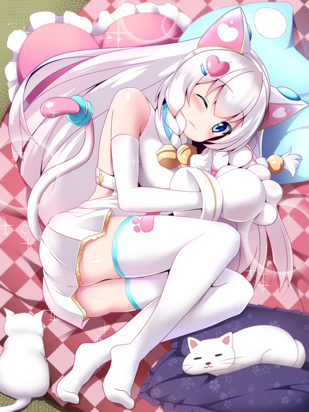 Anime picture 900x1200 with iron saga meruru (iron saga) sivamaron single long hair tall image looking at viewer blush fringe blue eyes light erotic bare shoulders full body bent knee (knees) white hair tail lying braid (braids) one eye closed sparkle