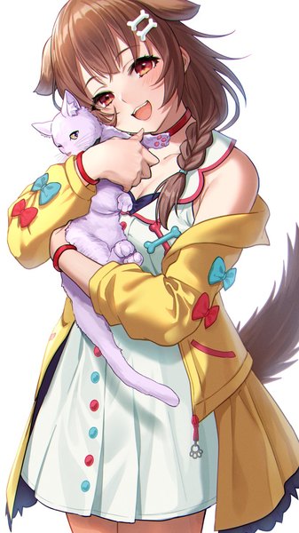 Anime picture 810x1440 with virtual youtuber hololive inugami korone deca purio single long hair tall image looking at viewer blush open mouth simple background red eyes brown hair white background animal ears tail braid (braids) :d animal tail twin braids