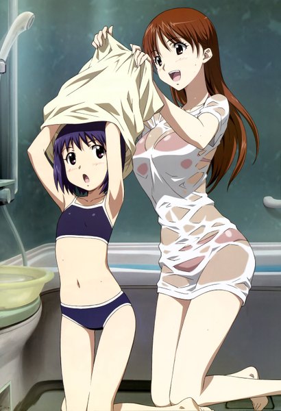 Anime picture 4078x5955 with kamisama dolls megami magazine kuga utao shiba hibino long hair tall image highres short hair open mouth light erotic black hair brown hair multiple girls brown eyes absurdres official art wet flat chest undressing girl