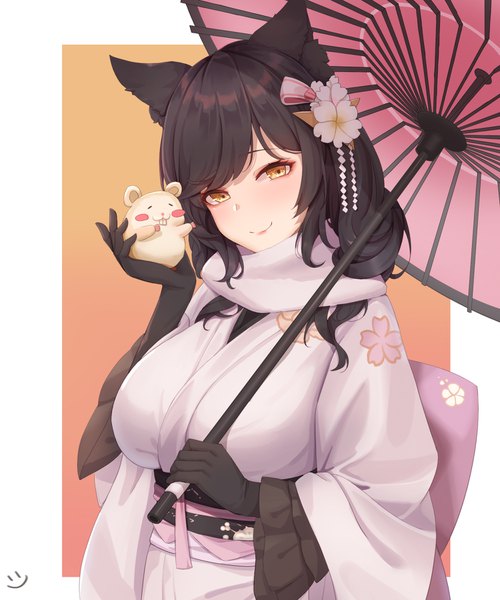 Anime picture 1500x1800 with azur lane atago (azur lane) atago (features of winter) (azur lane) wei xiao single long hair tall image looking at viewer blush fringe breasts black hair simple background smile large breasts holding animal ears upper body long sleeves traditional clothes