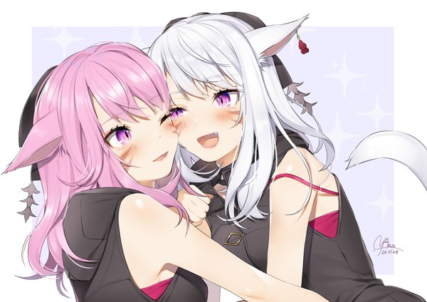 Anime picture 2835x2008 with final fantasy final fantasy xiv square enix miqo'te yana mori long hair blush fringe highres open mouth simple background smile purple eyes multiple girls signed animal ears pink hair upper body white hair tail