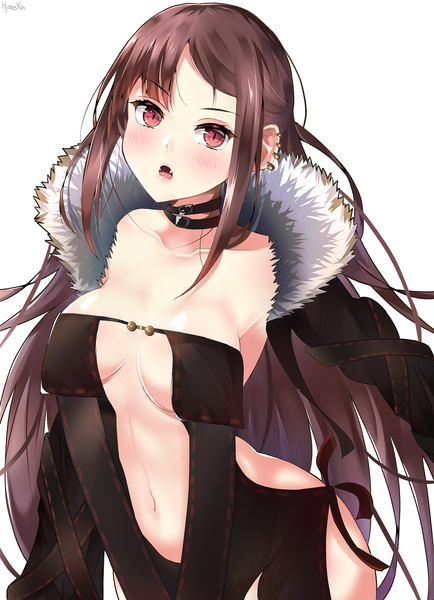 Anime picture 869x1200 with fate (series) fate/grand order yu mei-ren (fate) himexin single long hair tall image looking at viewer blush breasts open mouth light erotic simple background red eyes brown hair large breasts standing white background signed payot