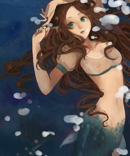 Anime picture 1255x1500 with original exilelen single long hair tall image breasts open mouth light erotic brown hair green eyes nipples tail nail polish midriff wavy hair wet clothes underwater girl water bubble (bubbles)