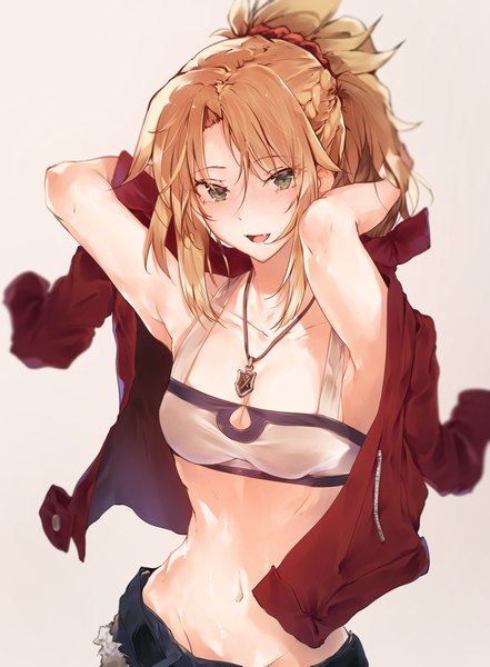 Anime picture 1250x1699 with fate (series) fate/grand order fate/apocrypha mordred (fate) hplay (kyoshinou) single long hair tall image looking at viewer blush fringe breasts open mouth light erotic blonde hair hair between eyes standing green eyes payot cleavage