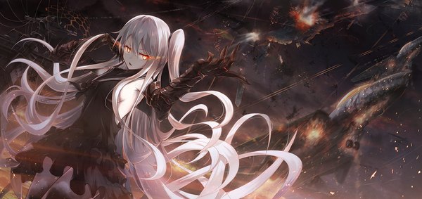 Anime picture 1600x756 with kantai collection aircraft carrier hime bae.c single looking at viewer red eyes wide image white hair very long hair one side up dark background shinkaisei-kan girl dress gloves elbow gloves