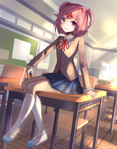 Anime picture 1928x2456 with doki doki literature club natsuki (doki doki literature club) takuyarawr single tall image looking at viewer fringe highres short hair sitting signed pink hair full body bent knee (knees) indoors long sleeves parted lips pleated skirt pink eyes light smile