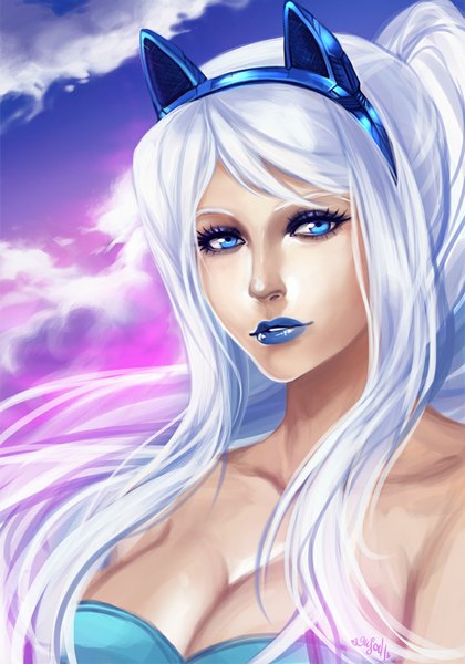 Anime picture 800x1142 with original enijoi single long hair tall image looking at viewer breasts blue eyes bare shoulders animal ears sky cleavage silver hair cloud (clouds) ponytail lips cat ears lipstick fake animal ears close-up