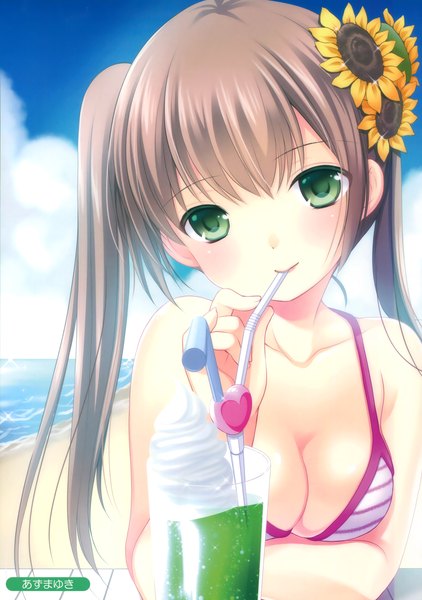 Anime picture 2463x3500 with melonbooks azuma yuki single long hair tall image looking at viewer blush highres light erotic brown hair twintails green eyes sky cloud (clouds) hair flower scan girl hair ornament flower (flowers) swimsuit