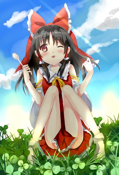 Anime picture 1200x1757 with touhou hakurei reimu shinta hoshi-to single long hair tall image looking at viewer blush black hair red eyes sitting bare shoulders sky cloud (clouds) one eye closed wink legs girl bow plant (plants)