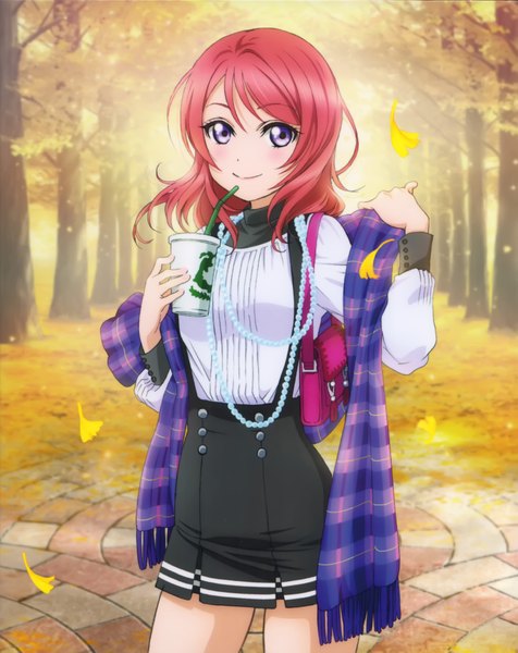 Anime picture 3228x4069 with love live! school idol project sunrise (studio) love live! nishikino maki single tall image looking at viewer blush highres short hair smile purple eyes absurdres red hair scan official art girl dress plant (plants) tree (trees)