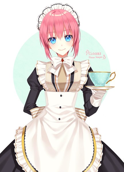 Anime picture 600x832 with closers seulbi lee liluo (jinha) srb7606 single tall image looking at viewer blush fringe short hair breasts blue eyes simple background smile holding pink hair maid copyright name arm behind back girl