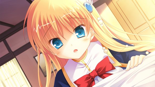 Anime picture 1280x720 with princess-style orfina von rubens yuyi single long hair blush open mouth blue eyes blonde hair wide image game cg upper body indoors girl uniform hair ornament school uniform
