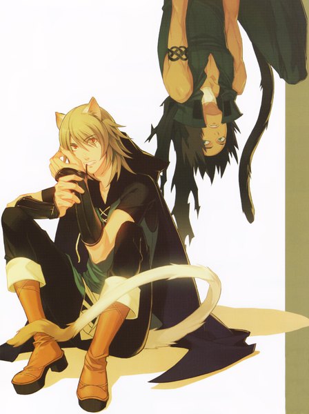 Anime picture 2516x3370 with lamento nitro+chiral konoe asato tall image highres short hair blue eyes black hair blonde hair red eyes animal ears animal tail cat tail tattoo couple boy boots