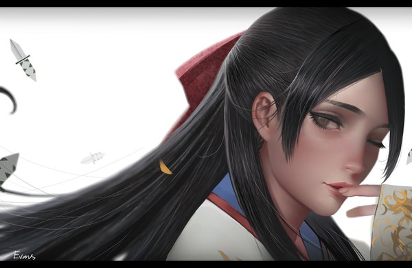 Anime picture 2912x1900 with kakegurui nishinotouin yuriko uu (pixiv11319066) single long hair looking at viewer fringe highres black hair simple background white background brown eyes signed payot upper body traditional clothes japanese clothes one eye closed lips wink