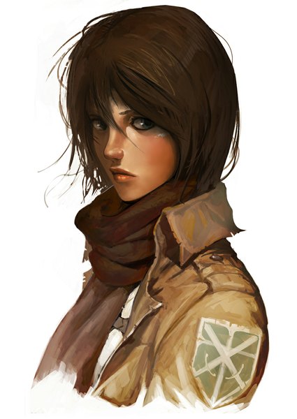 Anime picture 794x1122 with shingeki no kyojin production i.g mikasa ackerman kashipen single tall image looking at viewer short hair blue eyes brown hair white background lips realistic open clothes open jacket close-up makeup girl jacket scarf