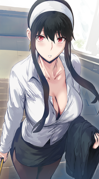 Anime picture 4649x8372 with spy x family yor briar hews single long hair tall image looking at viewer blush fringe highres breasts light erotic black hair hair between eyes large breasts standing holding absurdres cleavage long sleeves
