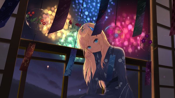 Anime picture 1920x1080 with boku wa tomodachi ga sukunai kashiwazaki sena cait single long hair looking at viewer fringe highres blue eyes blonde hair smile wide image sitting indoors traditional clothes head tilt japanese clothes night wide sleeves wallpaper