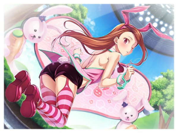 Anime picture 1000x746 with idolmaster minase iori nanaran long hair light erotic red eyes brown hair one eye closed wink bunny ears bunny girl bunny tail girl thighhighs shorts striped thighhighs