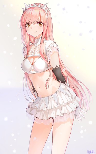 Anime picture 2188x3508 with fate (series) fate/grand order medb (fate) hieung single long hair tall image looking at viewer blush fringe highres breasts light erotic simple background hair between eyes standing brown eyes pink hair cleavage light smile