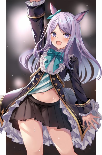 Anime picture 700x1062 with umamusume mejiro mcqueen (umamusume) harimoji single long hair tall image blush open mouth standing animal ears silver hair :d pleated skirt arm up bare belly sweat silver eyes horse ears girl skirt