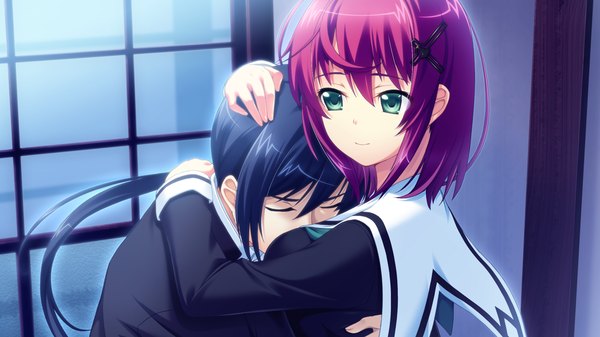 Anime picture 1280x720 with kikouyoku senki gin no toki no corona black hair wide image green eyes game cg red hair light smile couple hug girl boy uniform hair ornament school uniform