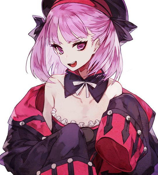 Anime picture 800x884 with fate (series) fate/grand order helena blavatsky (fate) mo (mocopo) single tall image looking at viewer fringe short hair open mouth light erotic simple background white background purple eyes bare shoulders purple hair upper body :d flat chest girl