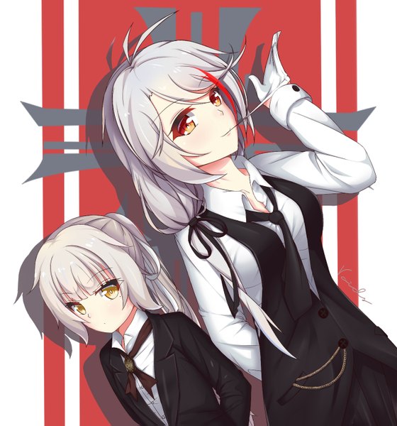 Anime picture 1300x1391 with azur lane prinz eugen (azur lane) z46 (azur lane) voids long hair tall image looking at viewer fringe hair between eyes standing multiple girls signed yellow eyes payot looking away silver hair upper body ahoge ponytail blunt bangs