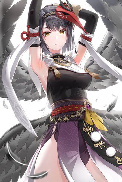 Anime picture 837x1250 with genshin impact kujou sara kfr single tall image looking at viewer blush fringe short hair breasts black hair simple background large breasts standing white background yellow eyes blunt bangs arms up armpit (armpits) arms behind head