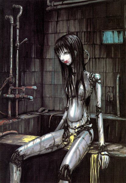 Anime picture 1283x1855 with bitch's life (artbook) original nihei tsutomu single long hair tall image black hair sitting girl robot bath