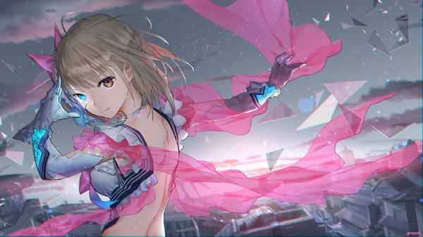 Anime picture 1920x1080 with blue reflection gust (company) shirai hinako moxhum single looking at viewer fringe highres short hair light erotic blonde hair red eyes wide image sky cloud (clouds) upper body head tilt looking back aqua eyes wind
