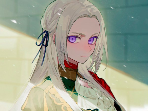 Anime picture 2307x1728 with fire emblem fire emblem: three houses nintendo edelgard von hresvelg itou (very ito) single long hair looking at viewer highres purple eyes upper body white hair expressionless brick wall girl ribbon (ribbons) hair ribbon